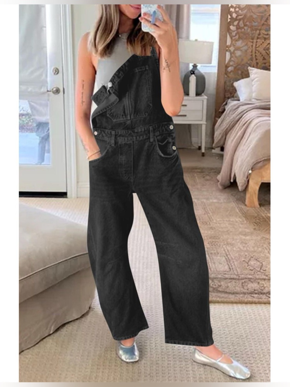 Imily Bela Denim Overalls with Loose Fit, Adjustable Straps, Pockets Black SZ XL